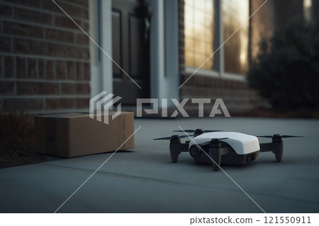 Advanced AI-powered drone delivers package to suburban doorstep during sunset. Generative AI 121550911