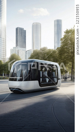 Autonomous bus navigates through organized city center. Generative AI 121550955