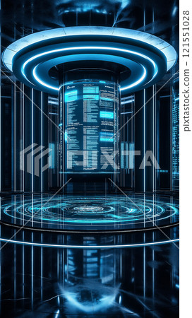 Advanced business hologram illustrating data analytics in a modern office. Generative AI 121551028