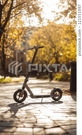 Futuristic scooter parked in a vibrant tech-driven urban plaza during sunset. Generative AI 121551097
