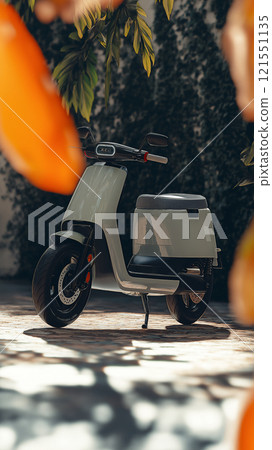 Futuristic scooter parked in a modern urban plaza surrounded by greenery. Generative AI Futuristic scooter parked in a modern urban plaza surrounded by greenery. Generative AI 121551135
