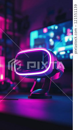 Glowing VR headset in a dark gaming room with vibrant neon lights. Generative AI 121551139