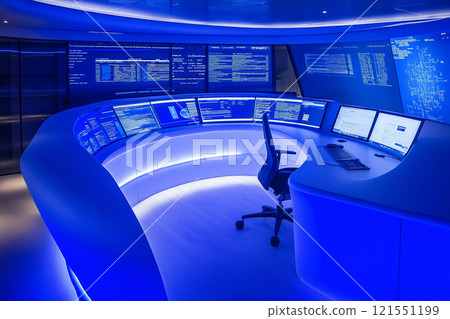 Futuristic home office with voice controls and floating displays for productivity. Generative AI 121551199