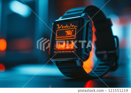 Futuristic wearable device displays health metrics on vibrant interface. Generative AI Futuristic wearable device displays health metrics on vibrant interface. Generative AI 121551219