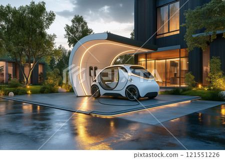 Futuristic electric vehicle charging station in a modern urban environment. Generative AI 121551226