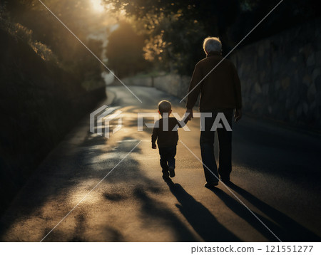 Young boy and elderly man bonding during a quiet walk on a serene path. Generative AI 121551277