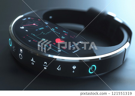 Futuristic wearable device showcasing health tracking features on a sleek interface. Generative AI 121551319