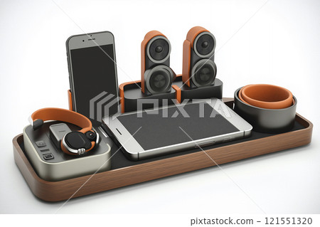 Sleek modular smartphone with detachable components on a stylish display stand. Generative AI 121551320