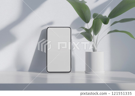 Floating holographic smartphone interface above a minimalistic white desk. Generative AI 121551335