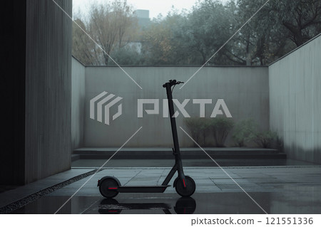 Futuristic electric scooter parked in modern city plaza with sleek design. Generative AI 121551336