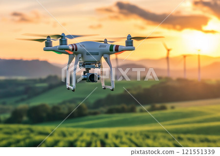 Drone captures renewable energy technology at wind farm during sunset. Generative AI 121551339