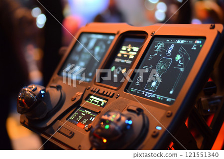 Close-up view of an advanced drone controller with multiple digital displays. Generative AI 121551340