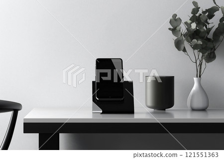 Sleek modular smartphone displayed on a modern stand in a minimalist setting. Generative AI 121551363