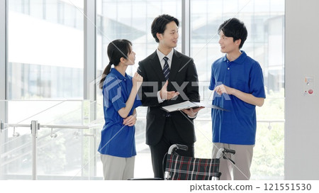 護理人員和福利設備專家顧問談論護理產品 121551530