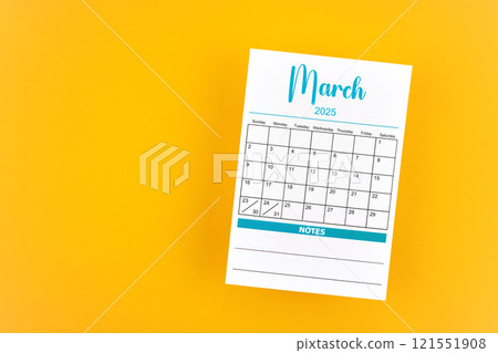 March 2025 calendar page on yellow background. March 2025 calendar page on yellow background. 121551908