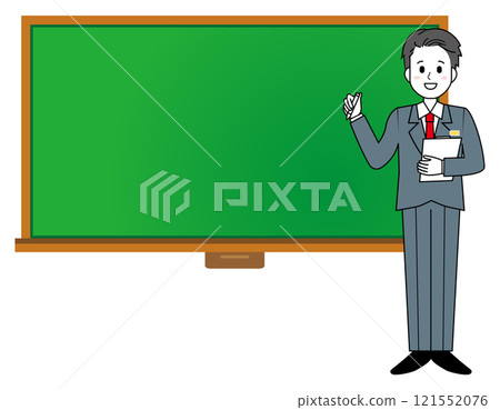 Illustration of a male salesperson serving customers Full-body illustration of a male businessman Speech bubble Headline 121552076