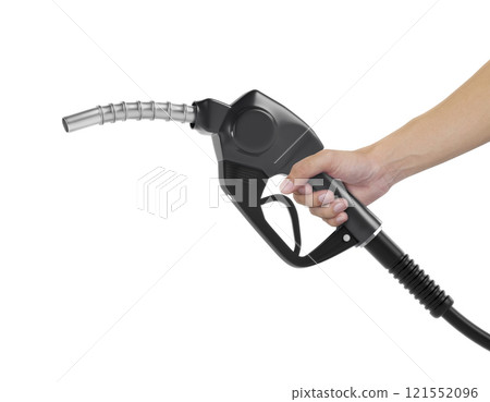 Hands holding Fuel black nozzle with hose isolated on white background 121552096