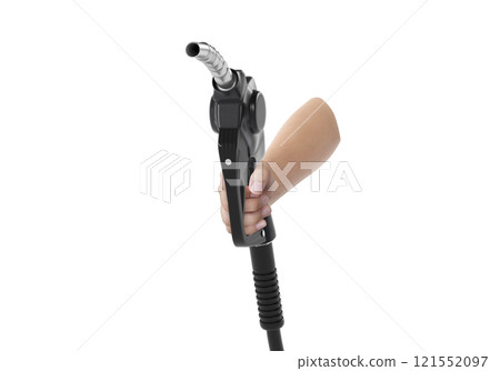Hands holding Fuel black nozzle with hose isolated on white background 121552097