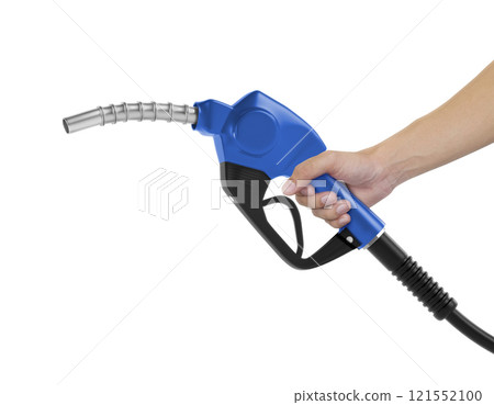 Hands holding Fuel blue nozzle with hose isolated on white background 121552100