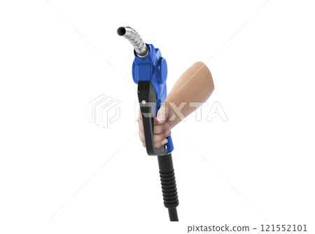 Hands holding Fuel blue nozzle with hose isolated on white background 121552101