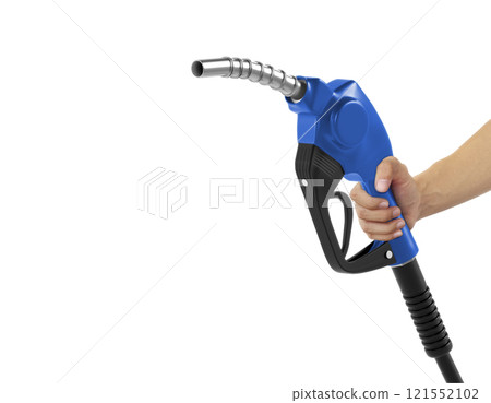 Hands holding Fuel blue nozzle with hose isolated on white background 121552102
