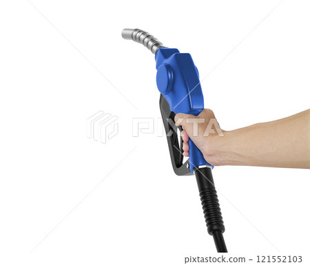 Hands holding Fuel blue nozzle with hose isolated on white background 121552103