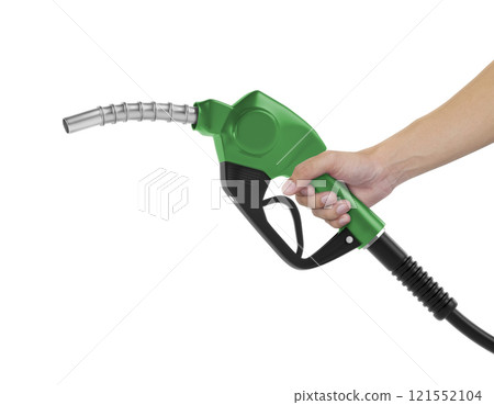 Hands holding Fuel green nozzle with hose isolated on white background Hands holding Fuel green nozzle with hose isolated on white background 121552104