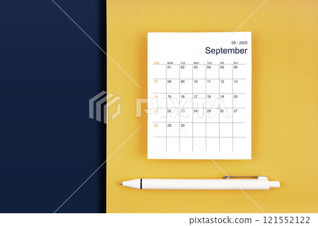September 2025 calendar card for 2025 year on blue and yellow background. 121552122