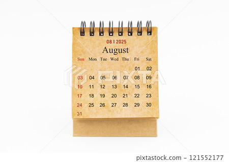 Brown mini desk calendar for August 2025 isolated on white. Brown mini desk calendar for August 2025 isolated on white. 121552177