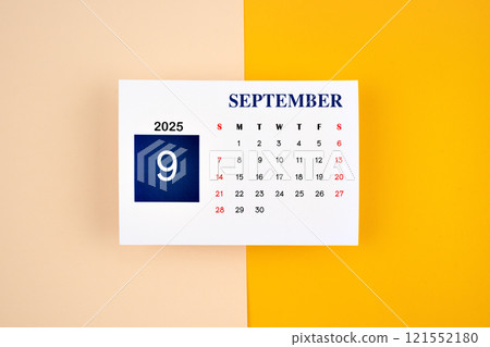 September Calendar 2025 page on yellow background. 121552180