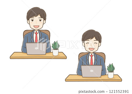 電腦前微笑的西裝男人，2 個表情 121552391