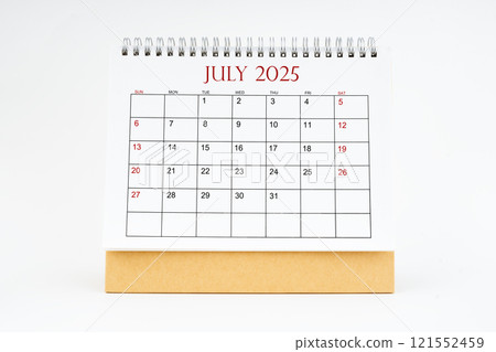 July 2025 desktop calendar isolated on white background, Planing concepts. July 2025 desktop calendar isolated on white background, Planing concepts. 121552459