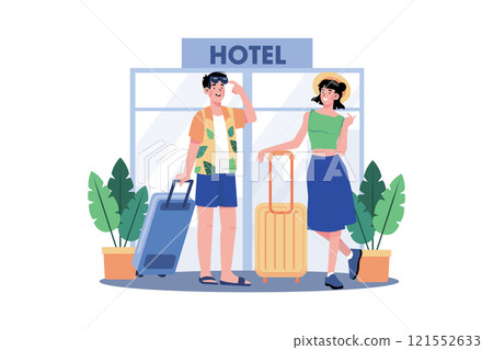 A couple books a hotel room for their vacation. 121552633