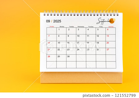 September 2025, Monthly desk calendar for 2025 year on yellow background. 121552799