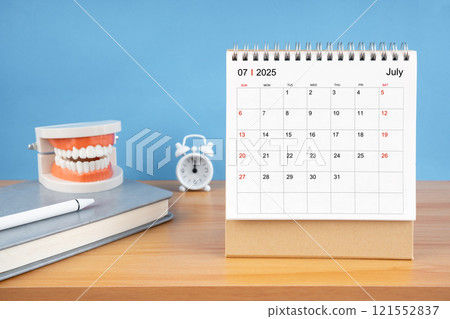 July monthly desk calendar for 2025 year and model dentures on the table. 121552837