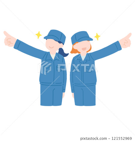 A flat illustration of two women in work clothes looking in different directions and pointing diagonally upwards 121552969