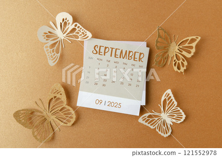 September 2025 calendar card with butterfly paper. September 2025 calendar card with butterfly paper. 121552978
