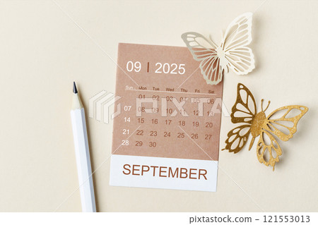 September 2025 calendar card for the organizer to plan and reminder and butterfly paper on yellow. 121553013