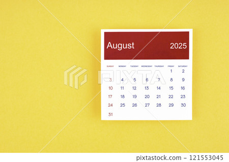 Calendar page August 2025 on yellow background. Calendar page August 2025 on yellow background. 121553045