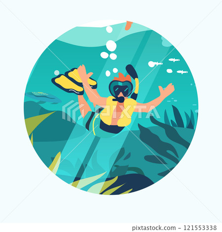 Snorkeling underwater adventure vibrant ocean scene. Person diving with snorkel gear surrounded by fish and seaweed in a circular frame. Bright colors aquatic theme Snorkeling underwater adventure vibrant ocean scene. Person diving with snorkel gear surrounded by fish and seaweed in a circular frame. Bright colors aquatic theme 121553338