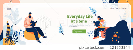 Family reading together at home cozy scene with a man and woman reading books surrounded by abstract plants and decorative elements website banner 121553344
