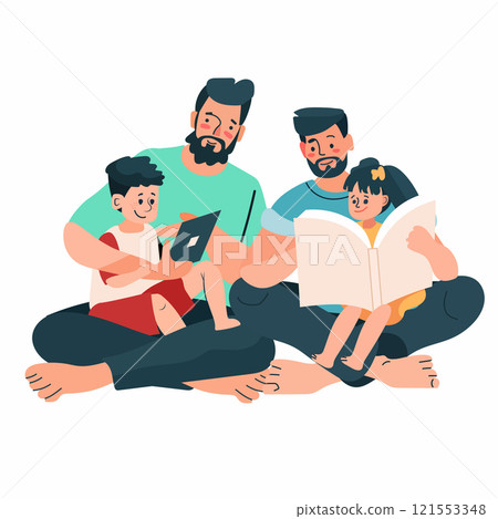 LGBTQ family reading together parenting concept two fathers children bonding sitting on floor one with tablet other with book colorful flat design 121553348