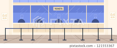 Ticket booth scene empty queue barriers blue windows 121553367