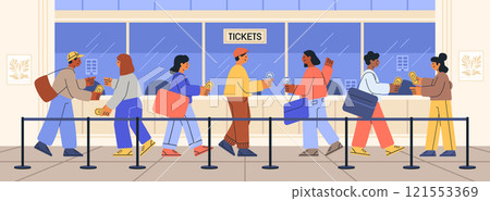 People buying cinema tickets queue flat colorful illustration. Diverse group standing in line at ticket counter holding tickets background modern interior People buying cinema tickets queue flat colorful illustration. Diverse group standing in line at ticket counter holding tickets background modern interior 121553369