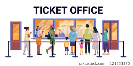 People standing in line at ticket office buying cinema or theatre tickets diverse group of individuals waiting at counter colorful background flat design People standing in line at ticket office buying cinema or theatre tickets diverse group of individuals waiting at counter colorful background flat design 121553370