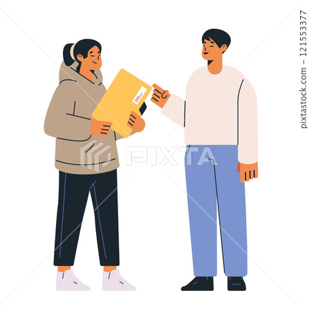 Two people exchanging documents communication business interaction casual attire diverse characters simple design white background 121553377