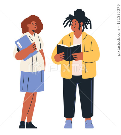 Students discussing study material educational concept Two people standing one holding a folder and the other reading a book colorful minimalist design 121553379