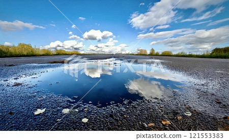 雨後的水坑倒映著藍天 121553383