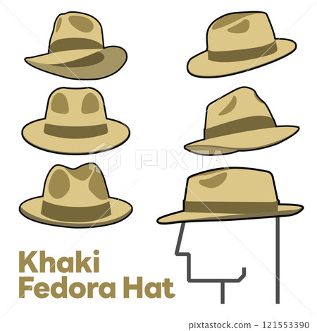 Set Blank Khaki Fedora Hat Vector for Template. Khaki Fedora Hat Technical Fashion Illustration. Khaki Fedora Hat Isolated on White Background. Vector Illustration. All in a single layer. Elements for 121553390