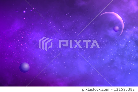 Space planets. Cosmos background with realistic nebula. Fantastic starry universe. Outer space wallpaper for poster or banner. Planet with eclipse effect. Abstract color galaxy. Vector illustration 121553392